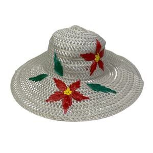 PARIS ACCESSORIES Hat Vintage Floral Straw Wide Brim Beach Sun White ‎ Retro